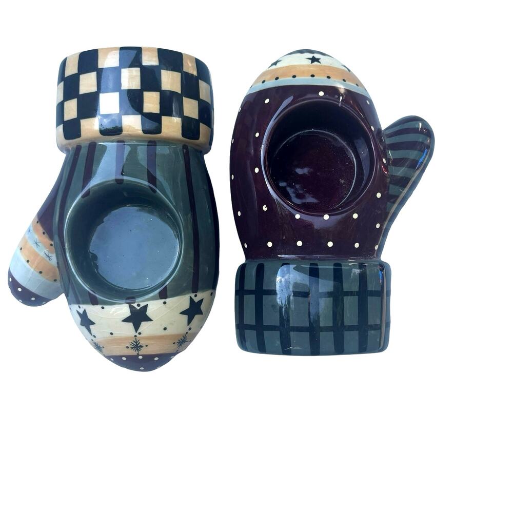 Williraye Studio Hand Painted Whimsical Mitten Tealight Candle Holders Folk Art